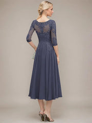 A-line Scoop Illusion Tea-Length Chiffon Lace Mother of the Bride Dress With Sequins Beading