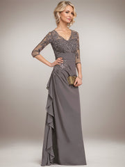 A-line V-Neck Floor-Length Lace Chiffon Mother of the Bride Dress With Cascading Ruffles