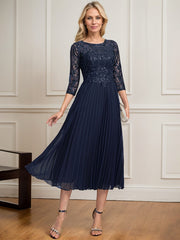 A-line Scoop Illusion Tea-Length Lace Chiffon Mother of the Bride Dress With Sequins Pleated