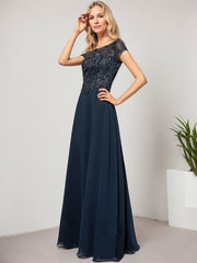 A-line Scoop Illusion Floor-Length Lace Chiffon Evening Dress With Sequins