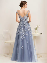 A-line Off the Shoulder Illusion Floor-Length Tulle Lace Evening Dress