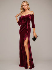 Sheath/Column Off the Shoulder Floor-Length Velvet Evening Dress With Cascading Ruffles