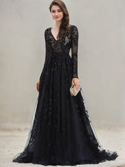 Ball-Gown/Princess V-Neck Sweep Train Tulle Lace Evening Dress With Sequins