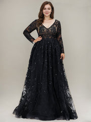 Ball-Gown/Princess V-Neck Sweep Train Tulle Lace Evening Dress With Sequins