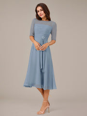 A-Line Boat-neck Pleated Chiffon Mother of the Bride Dress