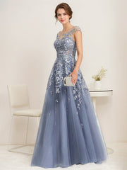 A-line Off the Shoulder Illusion Floor-Length Tulle Lace Evening Dress