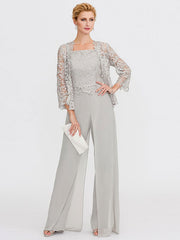 3 Piece Chiffon Square Neck Mother of the Bride Pantsuits with Jacket