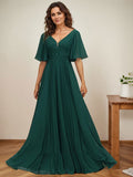 A-line V-Neck Floor-Length Chiffon Mother of the Bride Dress With Sequins Appliques Lace Pleated