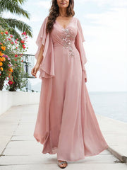 A-Line V-Neck Floor-Length Chiffon Mother Of The Bride Dresses With Appliques Lace