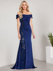 A-Line Off the Shoulder Floor-Length Chiffon Mother of the Bride Dress Applique Beadings Mermaid Dress With  High Split