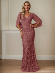 Sheath V-Neck Floor-Length Tulle Mother of the Bride Dress