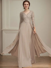 A-line V-Neck Floor-Length Lace Chiffon Mother of the Bride Dress With Sequins