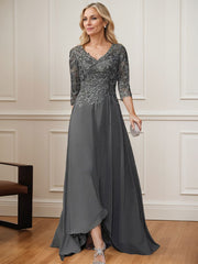 A-Line V-Neck 3/4 Sleeves Chiffon Mother Of The Bride Dresses With Lace