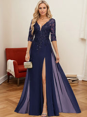 A-Line V-Neck 1/2 Sleeves Floor-Length Chiffon Mother Of The Bride Dresses With Lace