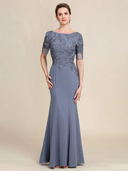 Grey Blue Mermaid Floor Length Chiffon Mother of Bride Dress With Appliques