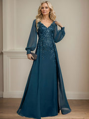 A-Line V-Neck Long Sleeves Floor-Length Chiffon Mother Of The Bride Dresses With Lace