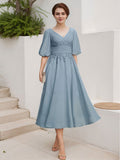 A-Line V-Neck 1/2 Sleeves Chiffon Mother Of The Bride Dresses With Lace