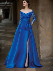 A-Line Off-The-Shoulder 3/4 Sleeves Sweep Train Lace/Satin Mother Of The Bride Dresses With Split Front