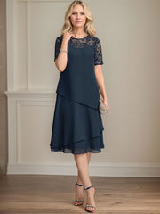 A-line Scoop Illusion Knee-Length Lace Chiffon Mother of the Bride Dress With Sequins