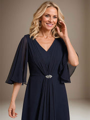 A-line V-Neck Floor-Length Chiffon Mother of the Bride Dress With Cascading Ruffles Crystal Brooch