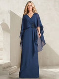 A-line V-Neck Floor-Length Chiffon Mother of the Bride Dress With Cascading Ruffles Beading