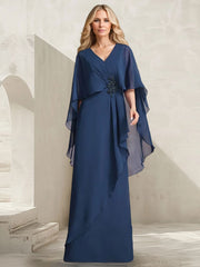 A-line V-Neck Floor-Length Chiffon Mother of the Bride Dress With Cascading Ruffles Beading