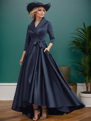 A-Line V-Neck 3/4 Sleeves Satin Mother Of The Bride Dresses With Pockets