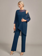 Navy Long Sleeves 3 Pieces Mother of the Bride Pant Suits