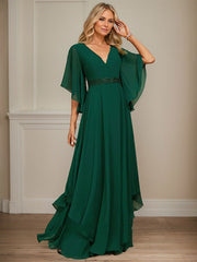 A-line V-Neck Floor-Length Chiffon Mother of the Bride Dress With Sequins Appliques Lace Beading