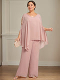 Separates Jumpsuit/Pantsuit V-Neck Floor-Length Chiffon Mother of the Bride Dress With Beading