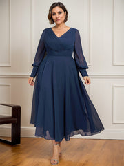 A-line V-Neck Tea-Length Chiffon Mother of the Bride Dress With Pleated