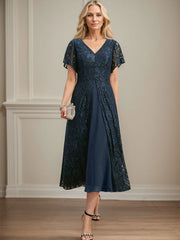 A-line V-Neck Tea-Length Lace Chiffon Mother of the Bride Dress