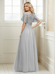 A-Line Short Sleeve Embroidery Mother Of The Bride Dress