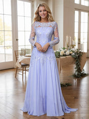 A-line Bateau Long Sleeves Appliques Lace Sweep Train Chiffon Mother of the Bride Dres