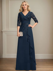 A-line Collared V-Neck Floor-Length Lace Chiffon Mother of the Bride Dress With Sequins Cascading Ruffles