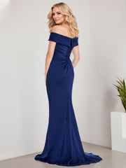 A-Line Off the Shoulder Floor-Length Chiffon Mother of the Bride Dress Applique Beadings Mermaid Dress With  High Split