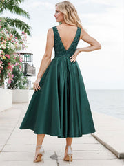 A-Line V-Neck Sleeveless Tea-Length Satin Mother Of The Bride Dresses With Lace