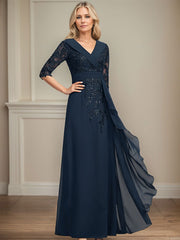 A-line Collared V-Neck Floor-Length Lace Chiffon Mother of the Bride Dress With Sequins Cascading Ruffles