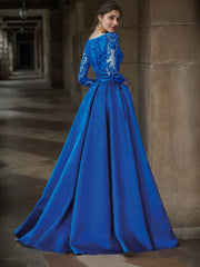 A-Line Off-The-Shoulder 3/4 Sleeves Sweep Train Lace/Satin Mother Of The Bride Dresses With Split Front