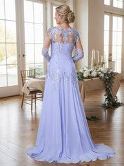 A-line Bateau Long Sleeves Appliques Lace Sweep Train Chiffon Mother of the Bride Dres