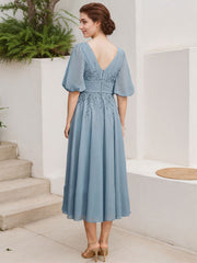 A-Line V-Neck 1/2 Sleeves Chiffon Mother Of The Bride Dresses With Lace