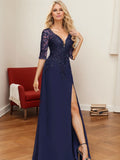 A-Line V-Neck 1/2 Sleeves Floor-Length Chiffon Mother Of The Bride Dresses With Lace