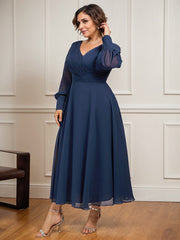 A-line V-Neck Tea-Length Chiffon Mother of the Bride Dress With Pleated