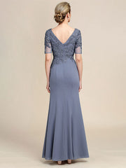 Grey Blue Mermaid Floor Length Chiffon Mother of Bride Dress With Appliques