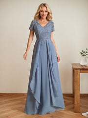 Elegant A-Line Chiffon V-neck Mother of the Brides Dresses Lace Top MOB Dresses