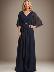 A-line V-Neck Floor-Length Chiffon Mother of the Bride Dress With Cascading Ruffles Crystal Brooch