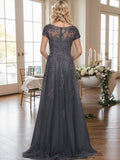 A-Line V-Neck Short Sleeves Sweep Train Lace/Tulle Mother Of The Bride Dresses