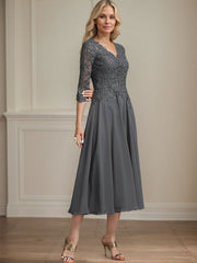 A-line V-Neck Tea-Length Chiffon Lace Mother of the Bride Dress With Beading Sequins