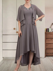 A-line V-Neck Asymmetrical Chiffon Mother of the Bride Dress With Beading Sequins