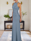 Dusty Blue Sheath Halter Long Mother of Bride Dress With Appliques